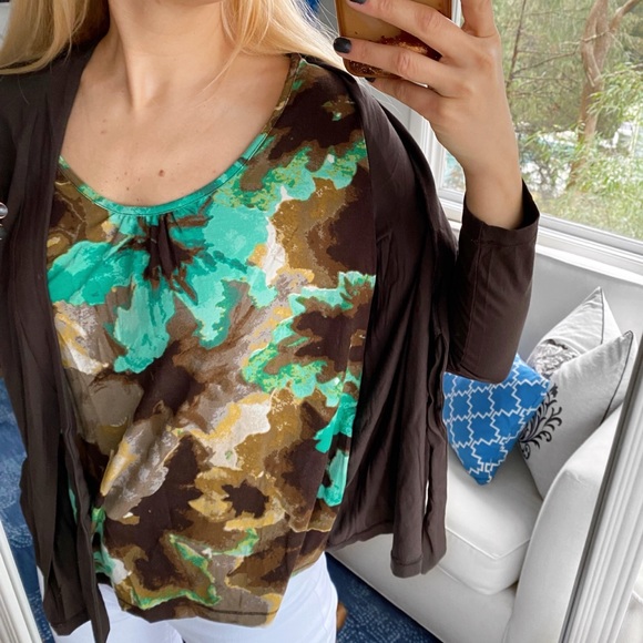 🤎 OLSEN BROWN BLUE GREEN MULTI 2-in1 FRONT TIE LONG SLEEVE PULLOVER TOP! - Picture 6 of 13